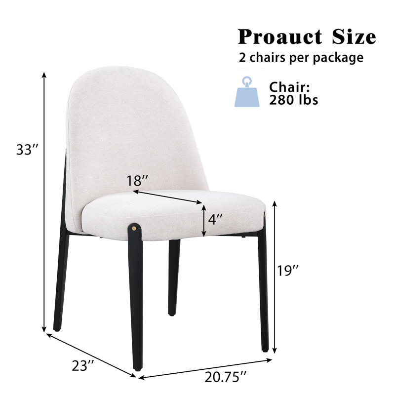 Ensemble de 2 chaises de salle à manger sans accoudoirs beiges, dossier incurvé ergonomique en chenille avec pieds robustes en métal noir