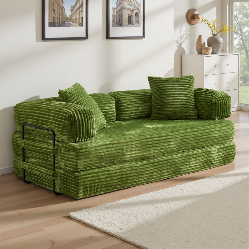 No Assembly Required Compression Packed 2 Person Fabric Sofa Bed, High Rebound Density Sponge Sofa, Green Corduroy