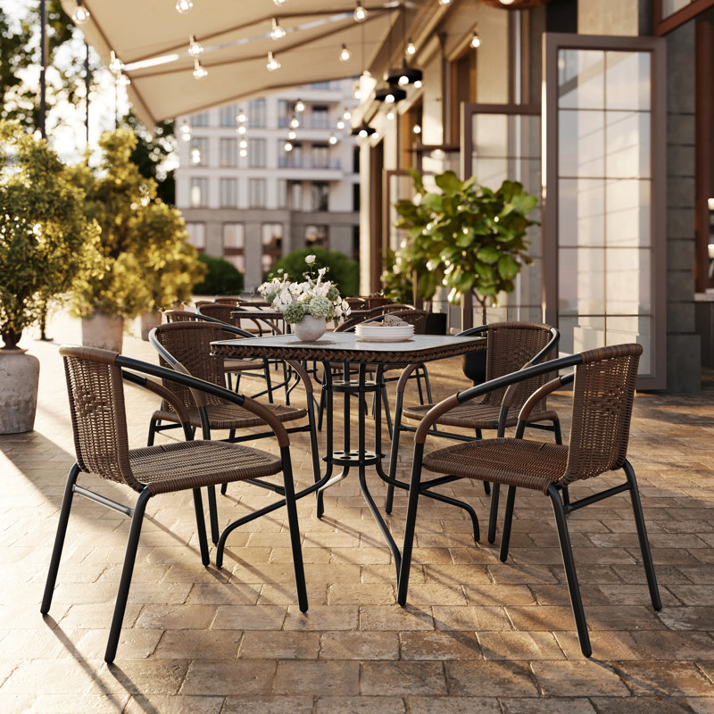 Amlie 28" W Square Glass 4-Person Dining Set with Stackable Chairs, Dark Brown