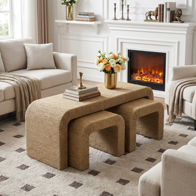 Boho Rope Coffee Table Set with Ottoman
