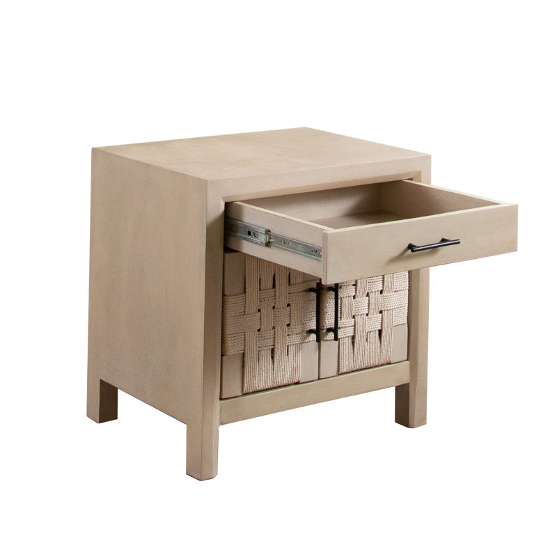 Palm Solid Mango Wood 2-Door, 1-Drawer End Table In Natural Finish W/ Woven Rope Door Fronts