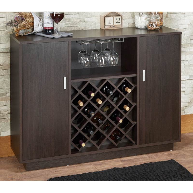 Bethena Transitional 47"L Rectangular Server with Wine Rack and Cup Holder in Espresso
