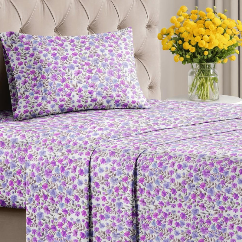 Ensemble de draps 4 pièces à motif floral de qualité supérieure, doux et infroissables - Ensemble de literie de luxe en microfibre ultra douce