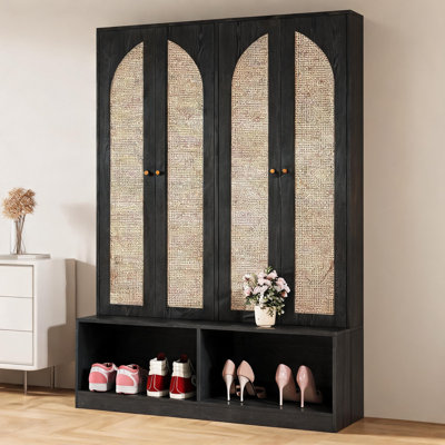55.1 Inch Wide 4-In-1 Freestanding Hall Tree, Mid-Century Farmhouse Black-Toned MDF Entryway Storage Bench and Shoe Cabinet