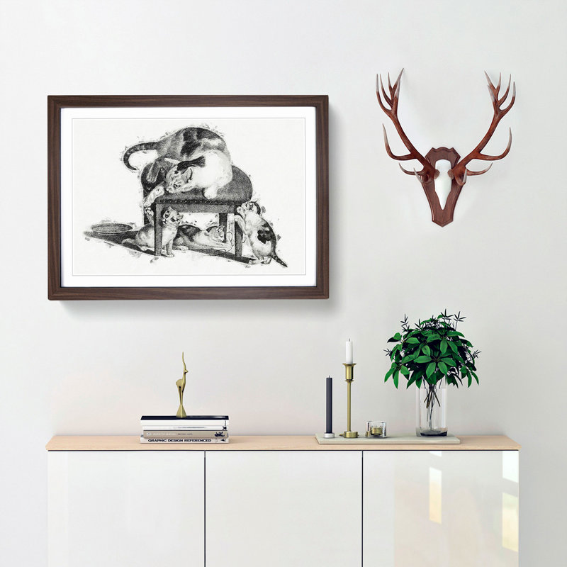 Cat with Kittens by Gottfried Mind - Picture Frame Drawing Print, 27cm H x 36cm W x 2cm D, Walnut Framed