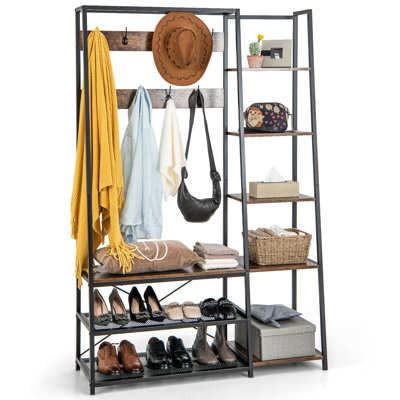 5-in-1 Entryway Hall Tree with Shoe Bench, 9 Hooks & Anti-Toppling Kit