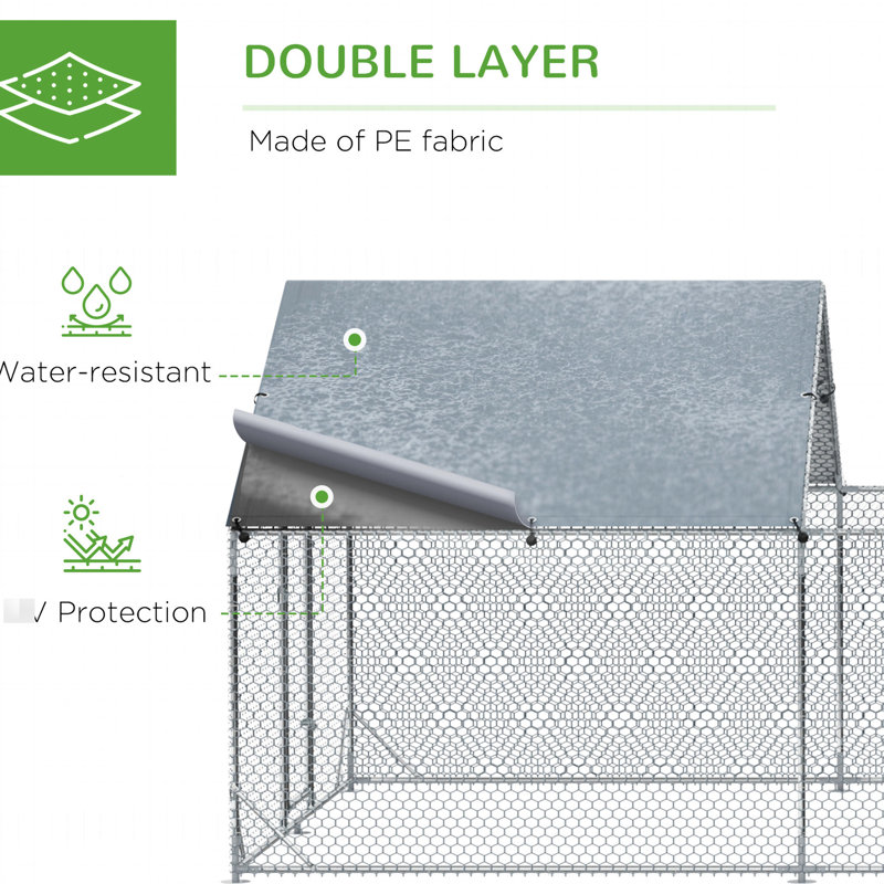 Grand poulailler avec couloir en métal, imperméable, sécuritaire pour les canards, accès de 9,8 pi x 19,7 pi 6,4 pi