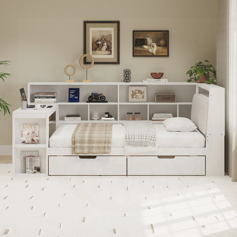 L-shaped Wooden Daybed with Desk and Storage Bookcase, Corner Bed with Upholstered Headboard and Under-bed Drawers and LED Light for for Bedroom Living Room