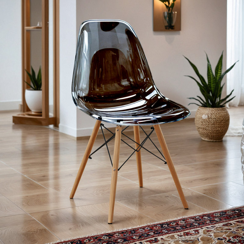 Dubuque Dining Side Chair with Metal Eiffel Base Design and Beech Wood Legs, Transparent Black, 1
