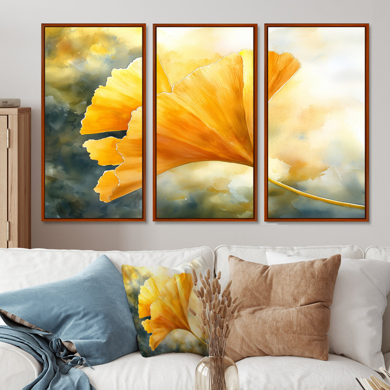 Golden Ginkgo Leaf I - feuilles, art mural - 3 panneaux, H 28 po x l 36 po, Impression encadrée sans passe-partout, Brun