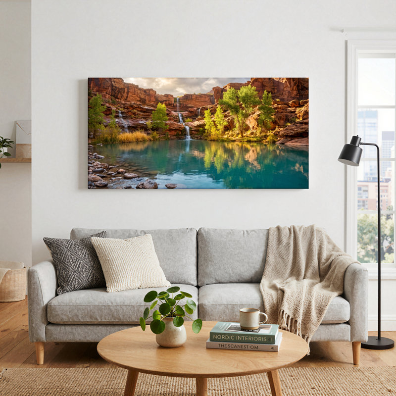 Ensemble de 1 tableau sur toile représentant une cascade de canyon, 32“W x 16”H, Toile tendue