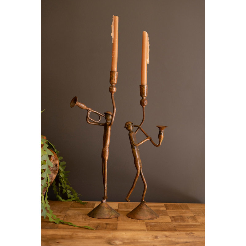  Set of Two Metal Taper Candle Holders Trumpet and Saxophone Design Decorative Tabletop Decor Accent Brown Distressed Finish