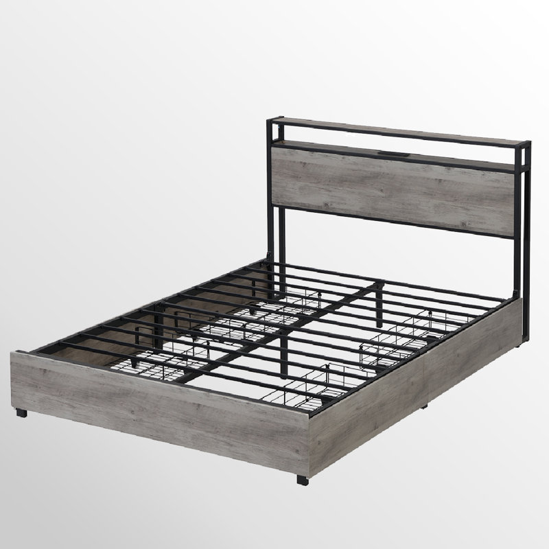 Base de lit de rangement industriel moderne avec tête de lit et station de charge avec éclairage DEL intelligent, tiroirs sous le lit, silencieux, aucun sommier requis, assemblage facile