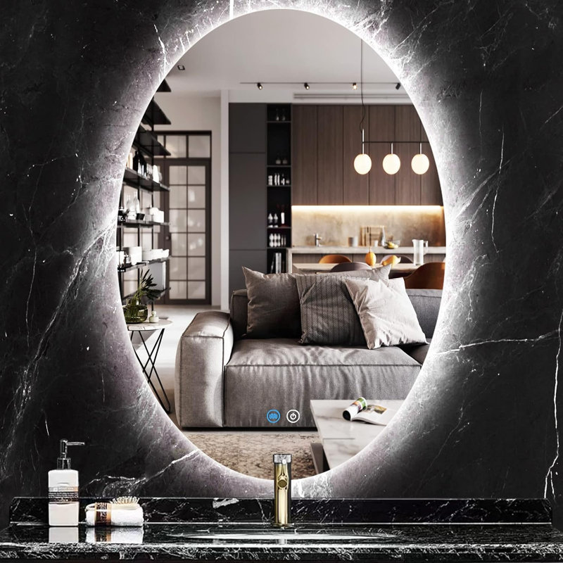 Miroir de salle de bain ovale à DEL 56 x 86 cm (22 x 34 po) - Miroir de courtoisie lumineux sans cadre, rétroéclairé, antibuée, intensité variable, 3 températures de couleur, fonction mémoire
