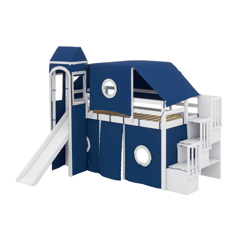 Lit mezzanine confortable avec tour amusante et tente de charme, Bleu, Simple
