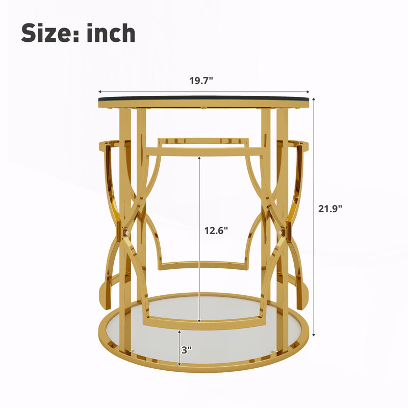 Round Side Table with Tempered Glass Top & Storage Shelf