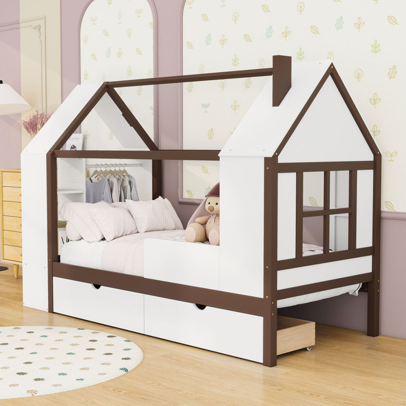 Charmant lit plateforme charmant avec tiroirs de rangement intégrés, armoire et tablettes, Blanc espresso