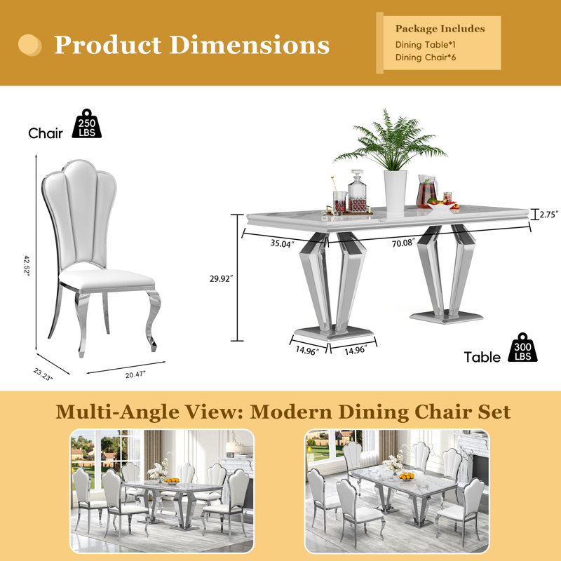 7-Piece Dining Table Set with Marble Veneer Tabletop and PU Leather Chairs – Modern Dining Room Furniture, Seats 6