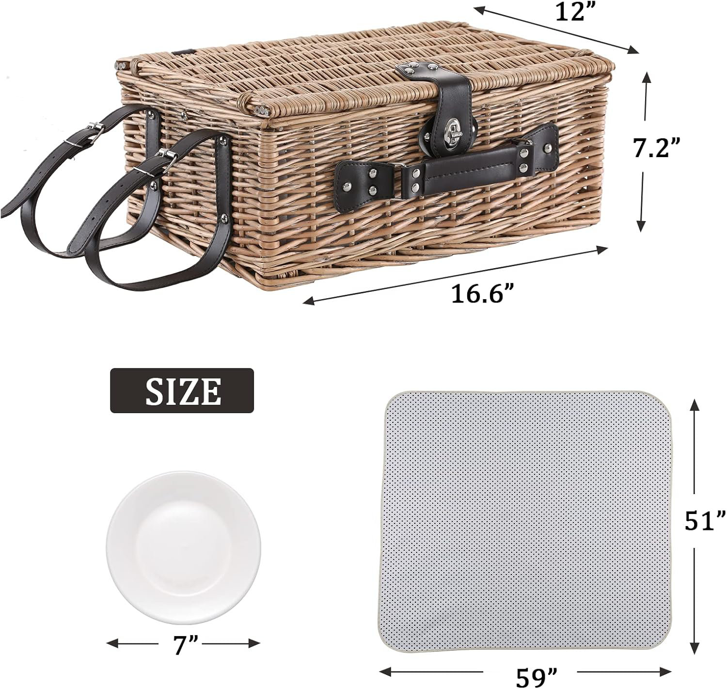 thumbnail image 2 of Large Wicker Picnic Basket Set For 4 – Includes Ceramic Cups, Flatware & Wine Glasses 2 of 4
