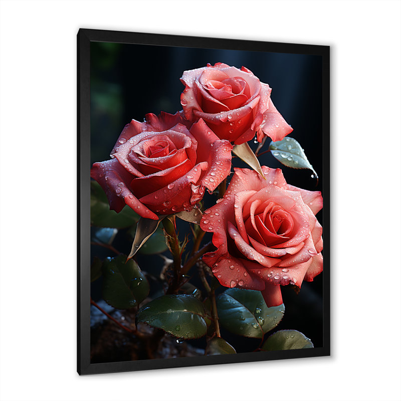 Art mural rétro rose rouge Reson I - Roses, Cadre simple noir, H 20 po x l 12 po x P 1 po