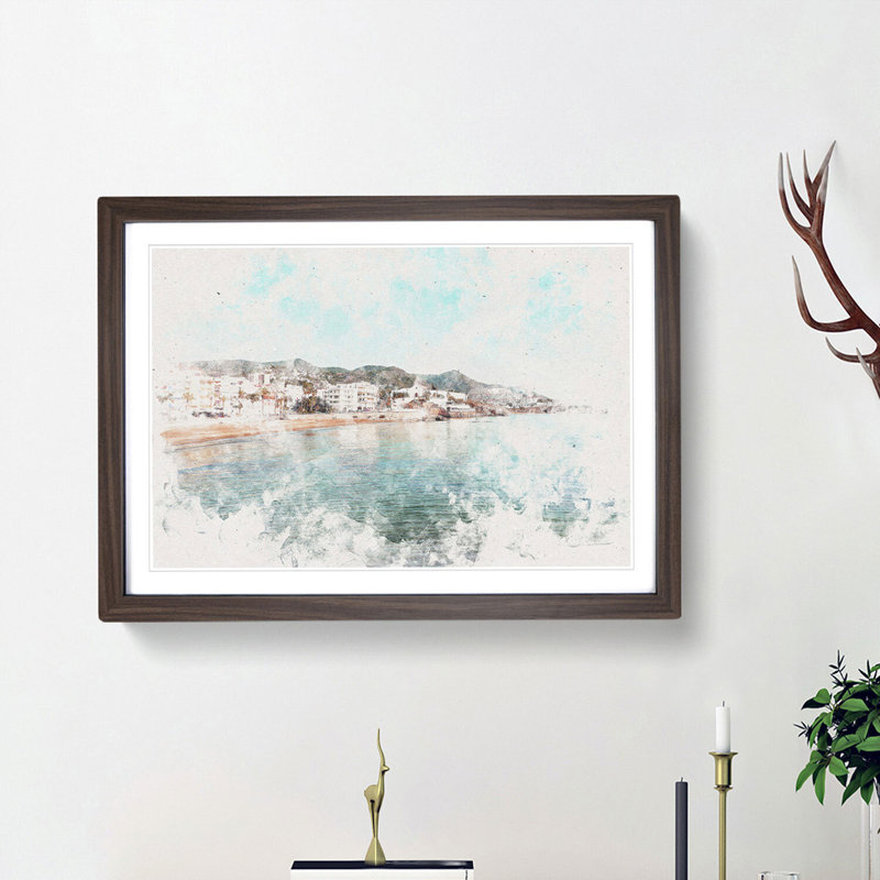 Shoreline of Sitges in Spain - Picture Frame Painting Print, 45cm H x 63cm W x 2cm D, Walnut Framed