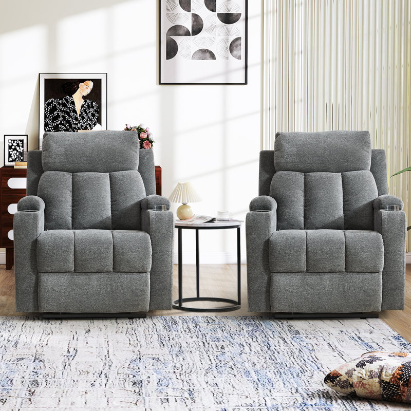 83cm Wide Modern Minimalist Upholstered Manual Recliner with Cup Holder, Dark Grey