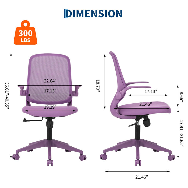 Chaise mauve avec accoudoirs rabattables, chaise de bureau en filet respirant avec support lombaire, chaise d'ordinateur pivotante réglable