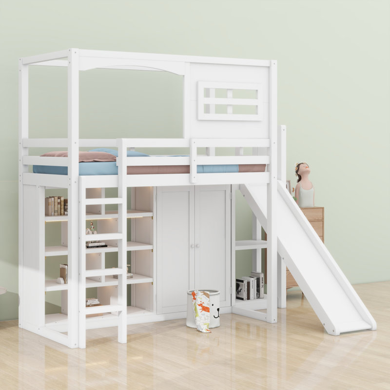 Lit mezzanine en bois avec garde-robe, tablettes de rangement, glissoire et DEL