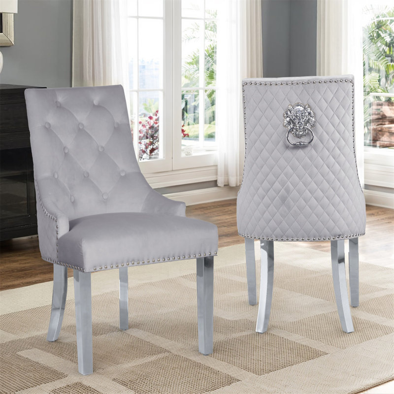 Chaises de salle à manger Devleta en velours, chaises capitonnées de style Mid-Century avec pieds en métal, Gris clair