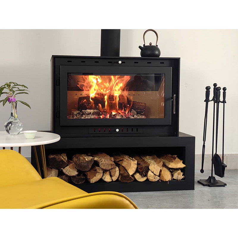Heating fireplace with wood storage layer