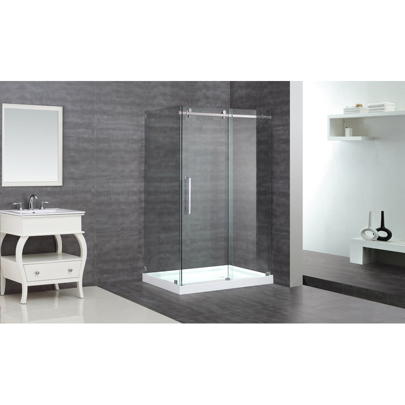 Cabine de douche rectangulaire coulissante avec base Moselle 44 "x 77,5", Acier inoxydable, Droite