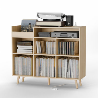 Meher 45'' W Record Player Stand with Charging Station and Media Shelves