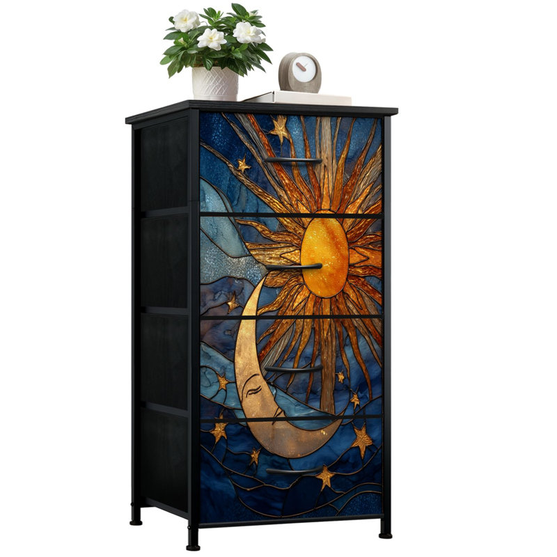 Commode pour chambre à coucher avec 4 tiroirs de rangement en verre coloré Sun Moon Stars Abstract Waves