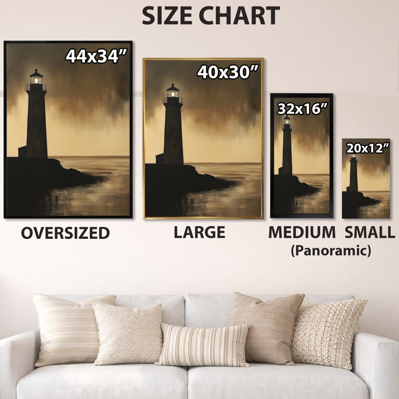 Phare du Crépuscule Doré III - Décoration murale encadrée sur le thème nautique, H 44 po x l 34 po, Toile tendue
