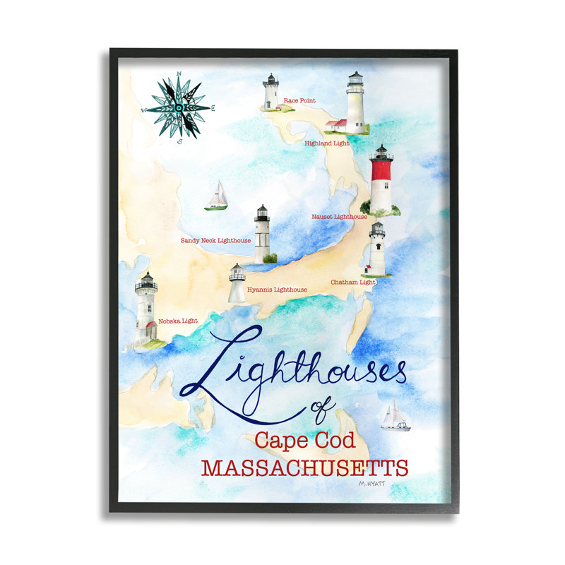 Coastal Map Of Cape Cod Massachusetts Lighthouses by Melissa Hyatt LLC - Print on Canvas, Midnight Black Framed Giclee