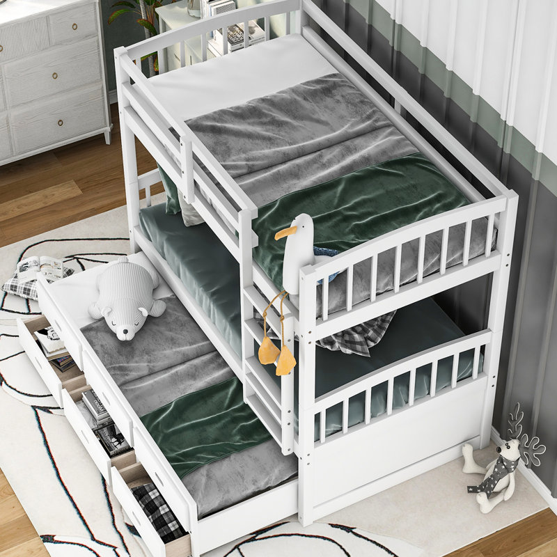 Lit simple au-dessus d'un lit superposé blanc avec lit gigogne et 3 tiroirs - Option de sommeil élégante, solution élégante
