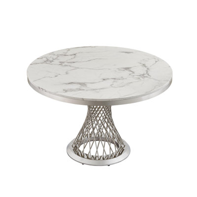 47" Round Marble Dining Table, Modern Kitchen Table with High Gloss Faux Marble Tabletop and Stainless Steel Base for Dining Room, Kitchen (Sliver,White)(Only a table)