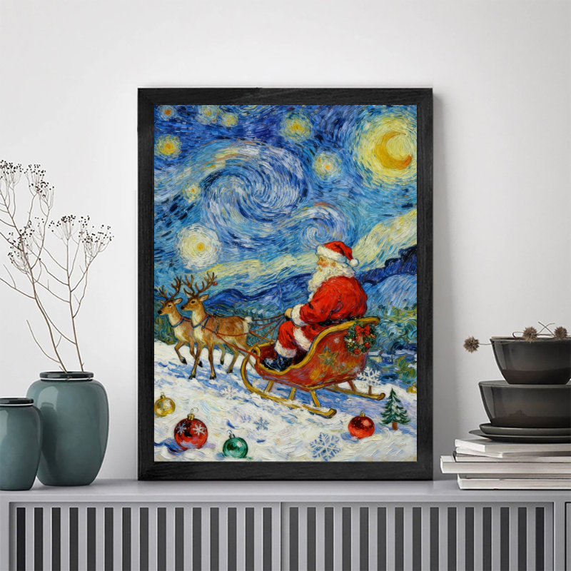 «Black Père Noël vintage encadré noir», art mural de style post-impressionnisme, H 11 po x l 9 po