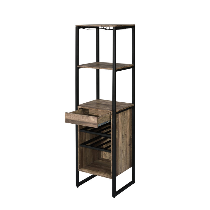 Support à vin carré en chêne vieilli avec 1 tiroir et 3 espaces ouverts pour le rangement, capuchons réglables à cadre en métal, capacité de charge de 100 lb, support de 16 po de profondeur et 69 po de hauteur, espaces de rangement pour bouteilles, 5 mm