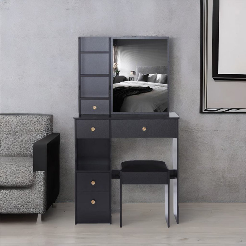 Vanity Table With 1 Stool, Black