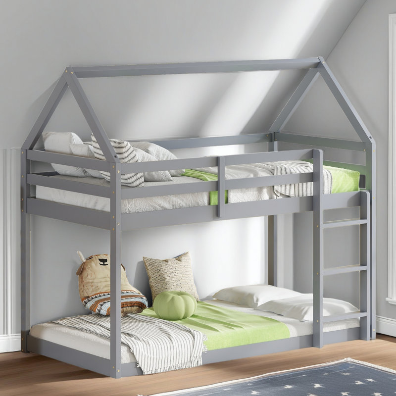Twin Over Twin Rubber Wood Floor Bunk Bed, With Ladder,Guardrails,House-Shaped-Bunk Bed, Gray