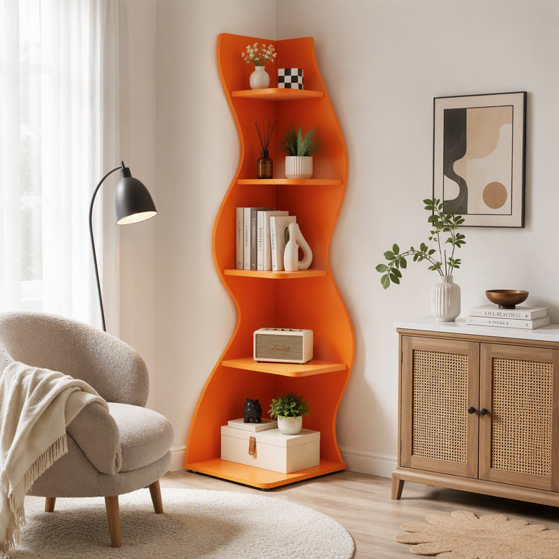 Étagère d'angle à 5 niveaux, bibliothèque murale d'angle moderne, Orange