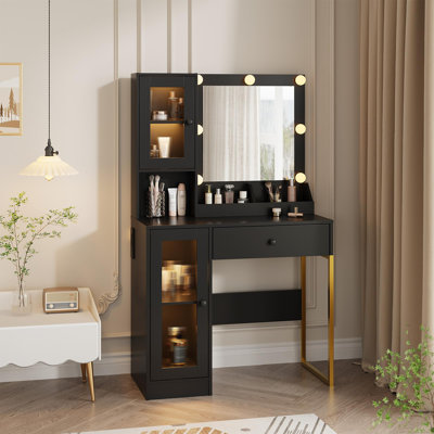 Makeup Vanity Desk with Lights and Mirror - Dressing Table with Adjustable LED Bulbs, USB Ports, AC Outlets, Storage Drawers & Cabinet, Sturdy MDF Top & Metal Frame