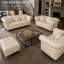Ensemble de canapé Chesterfield modulaire 6 places en similicuir avec pouf beige/blanc-917663501
