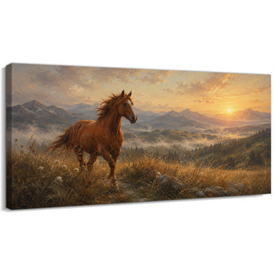 CXVU Extra Large Horse Canvas Wall Art, Chestnut Horse Mountain Sunset Print, Western Landscape Animal Painting, Gallery Wrapped Decor for Living Room Bedroom 24x47"