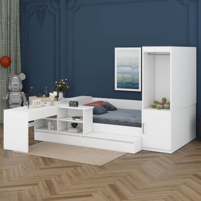 Wooden Daybed With USB Charging, Platform Bed With 6 Drawers, Shelves, Desk And Wardrobe