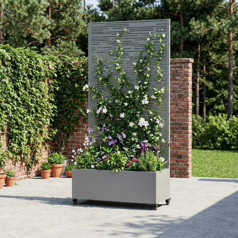 Boîte à fleurs en métal avec treillis et roues Treytin , H 72 po x l 35 po x P 16 po, Gris, 1