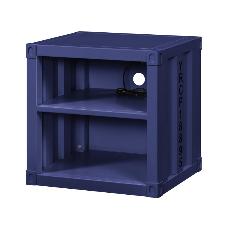 Table de chevet Enable de style industriel - finition cargaison bleue, 2 compartiments de rangement ouverts, plaque de fer moderne avec douille bleue, fabrication