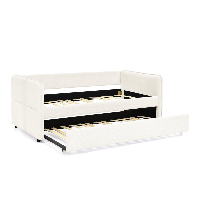 Lit de jour simple tapissier avec couchette, Boucle beige, 83 po x 43 po x 29,5 po, rayures verticales, côtés rembourrés de mousse, tissu idéal pour les cafés Boucle, motif, dossier, chambre à coucher