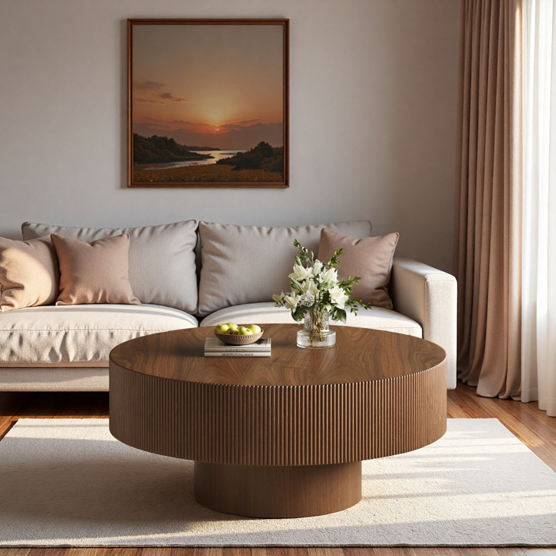 Table basse ronde moderne avec rainures, plateau de table épais et base robuste, Walnut